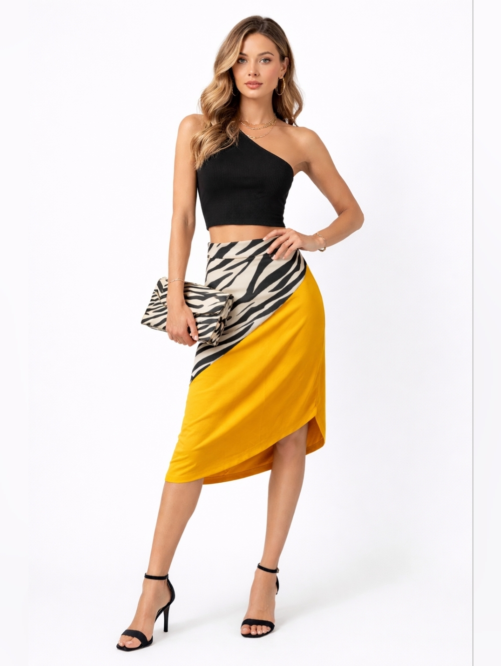 Yellow Zebra-Print Asymmetrical Skirt